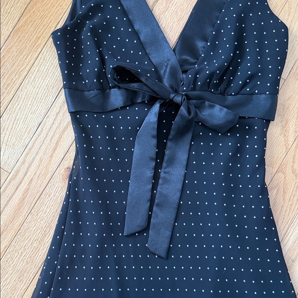 Forever 21 Black Polka Dot Midi Dress | Satin Bow Tie Front | Size S - Picture 2 of 5